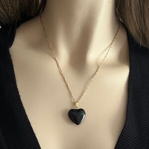 3-D Black Hearted Heart of Glass Pendant Necklace Waterfall Gold Plate Chain